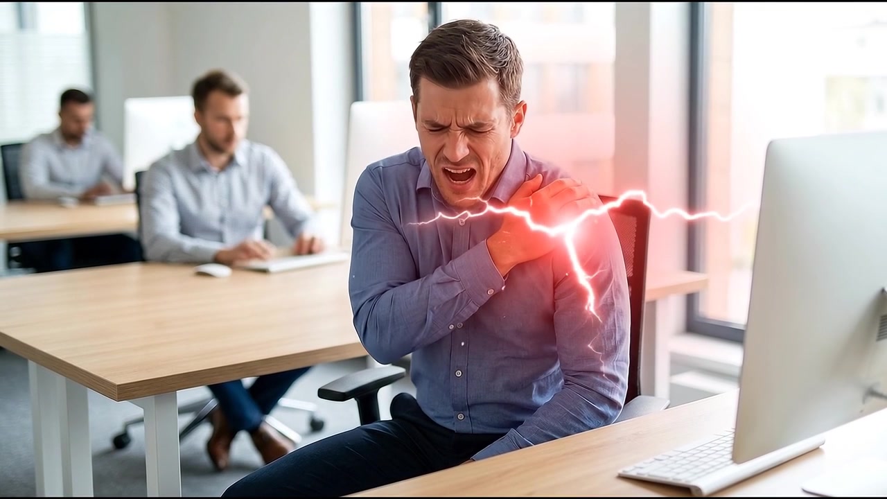Office Worker Experiencing Sudden Shoulder Pain at Desk