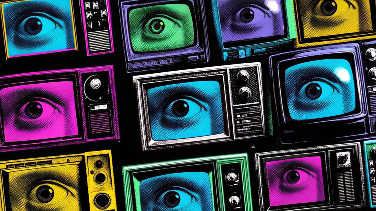 Close-up view of vintage TV sets showing stylized human eyes in bright neon colors, creating a surveillance, privacy, and mass media monitoring concept background