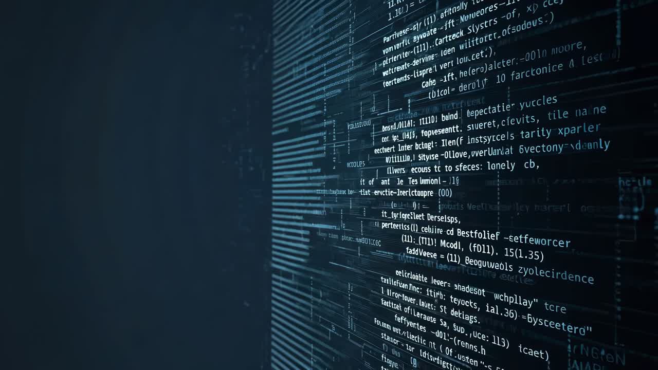 Materializing cyan code column scrolling upward in navy grid, simulating data flow, copy space