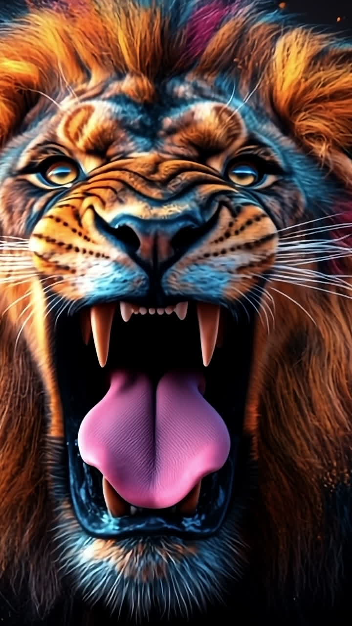 Vibrant lion roars in dark. A roaring lion with vibrant colors against a dark background showcases its majestic power.