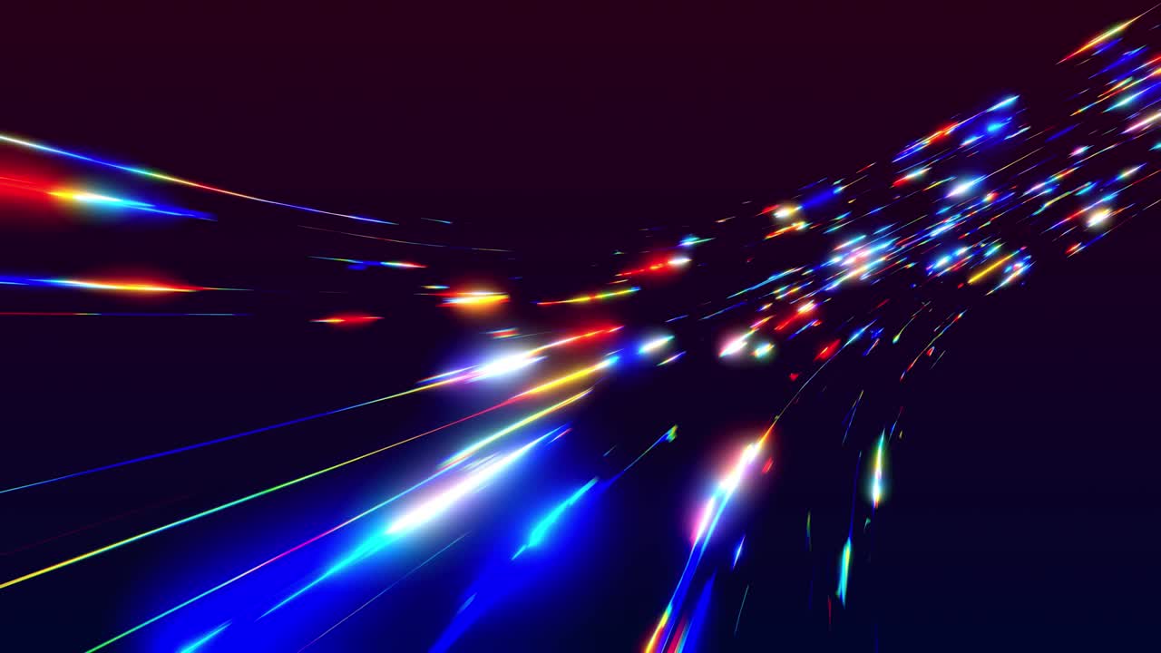 Loop VJ 3D, sfondo astratto con flusso futuristico di linee luminose multicolore. Scie luminose passano davanti alla telecamera o volo attraverso un flusso di dati. Raggi al neon luminosi in movimento. Flusso di luce high-tech. Velocità della luce.