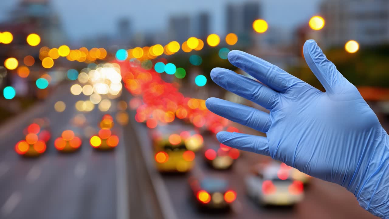 A Close-Up of a Gloved Hand Gesturing in a Busy City Traffic Scene, Highlighting Personal Safety and Awareness Amidst Urban Hustle and Movement