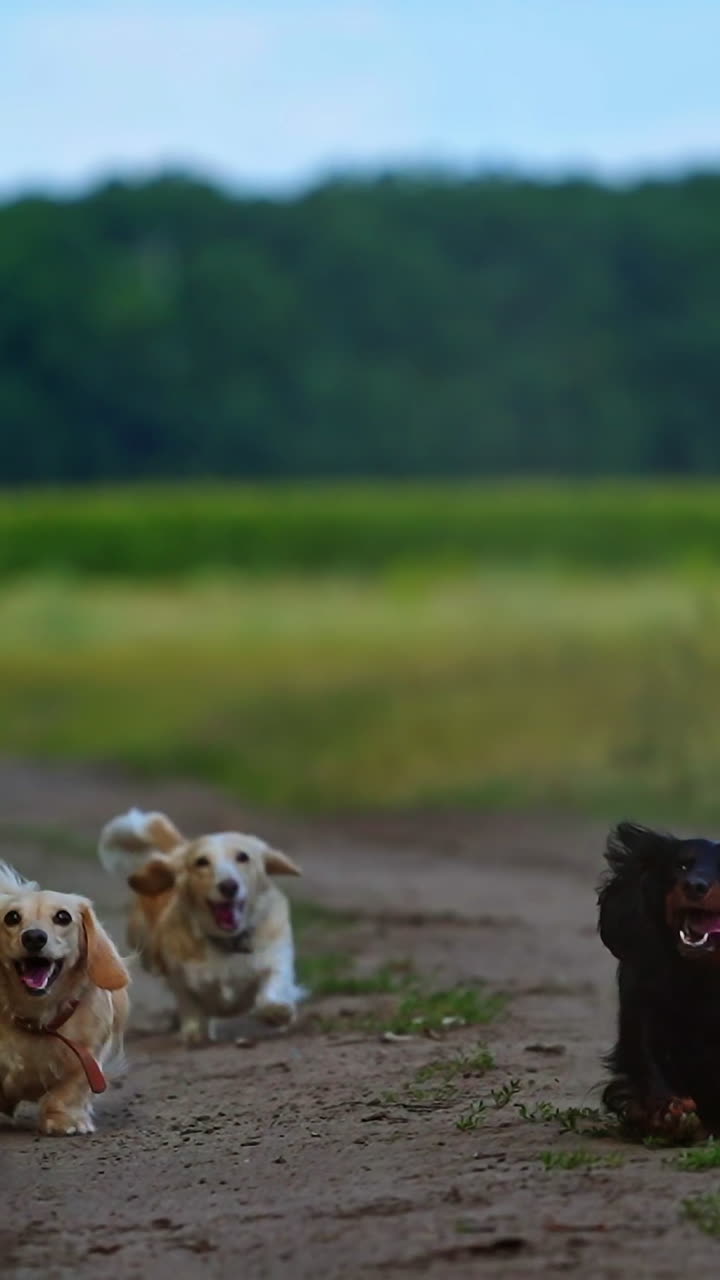 Four dogs running outdoor trying to jump and catch dron. Video of funny dogs playing process. Vertical video