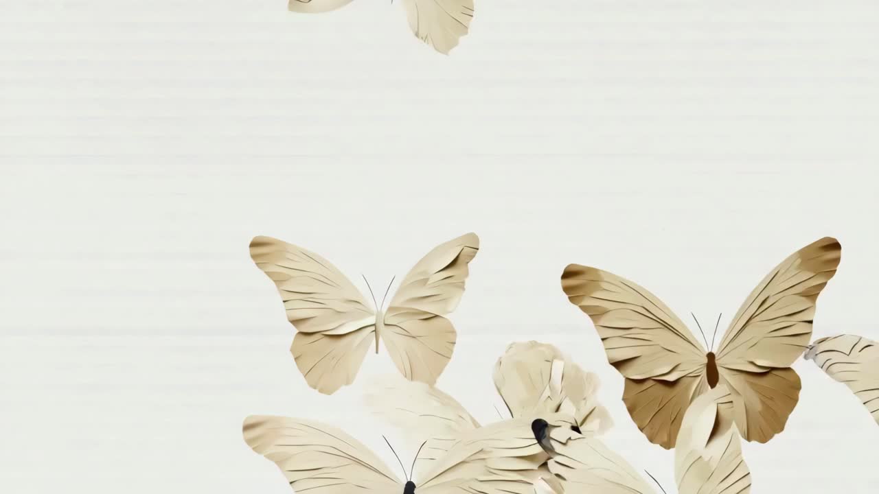 Aerial view of delicate beige butterflies in flight against a textured white background