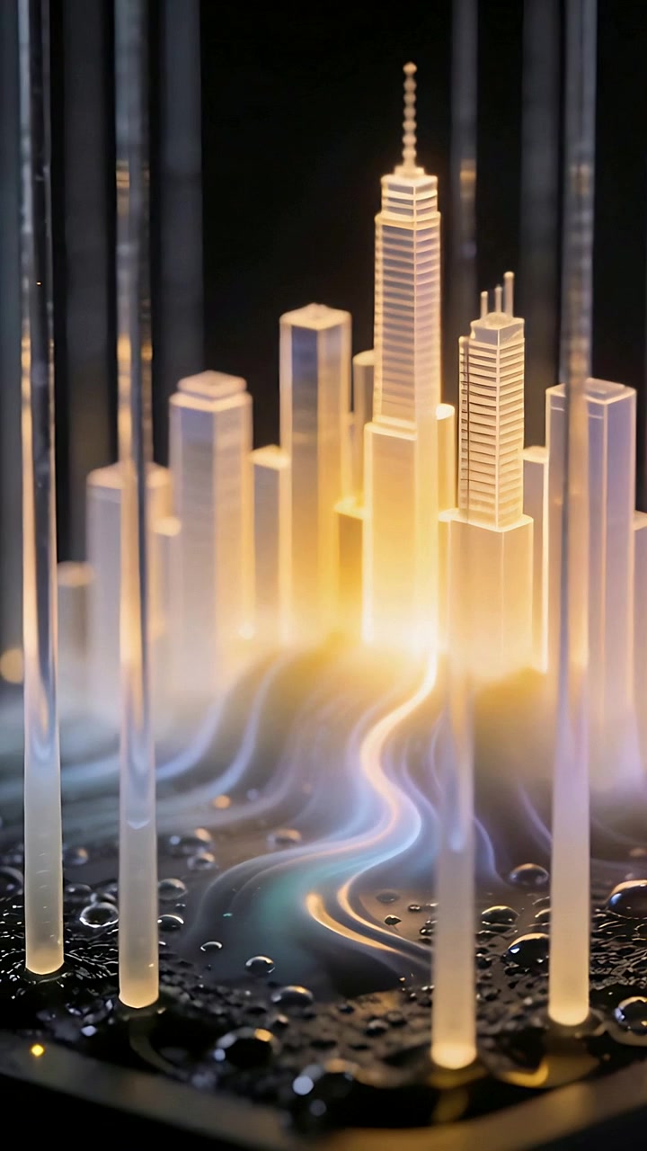 Vertical video: Lighting towers on base as camera tilting revealing river and rods to show model