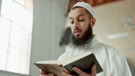 islamic man, reading quran and mosque with faith