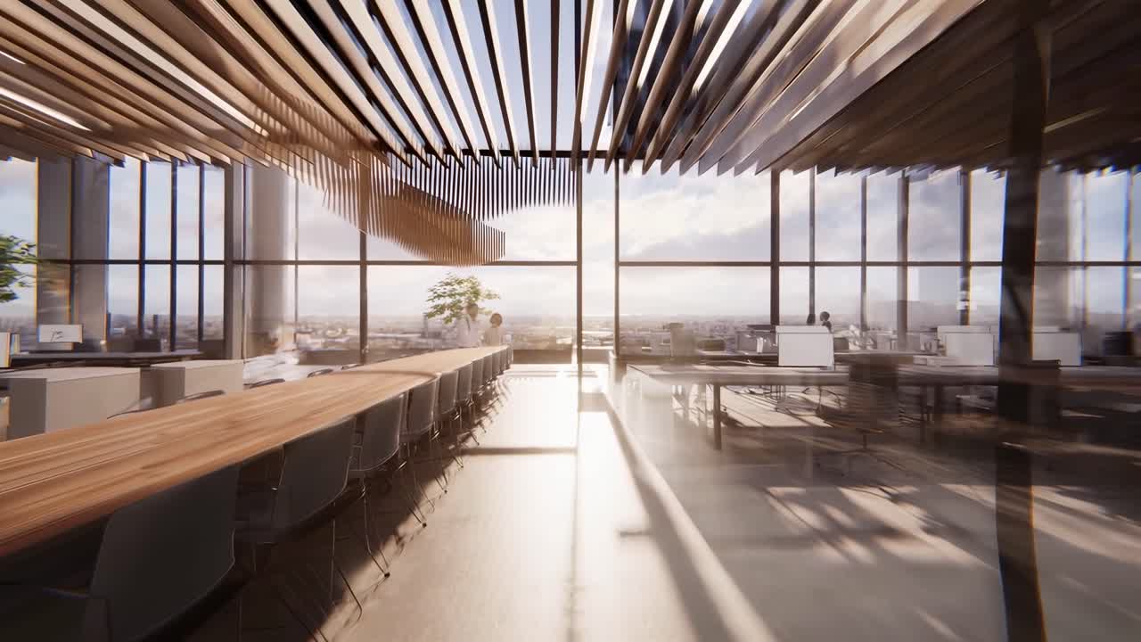 Modern Office Interior with Panoramic City View and Sunlight