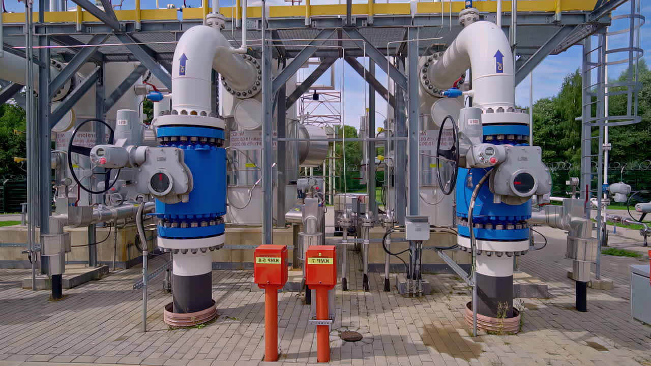 A trucking shot moves through a modern natural gas pumping station in Latvia, showing the complex pipes, valves, and infrastructure used for the transport and distribution of energy