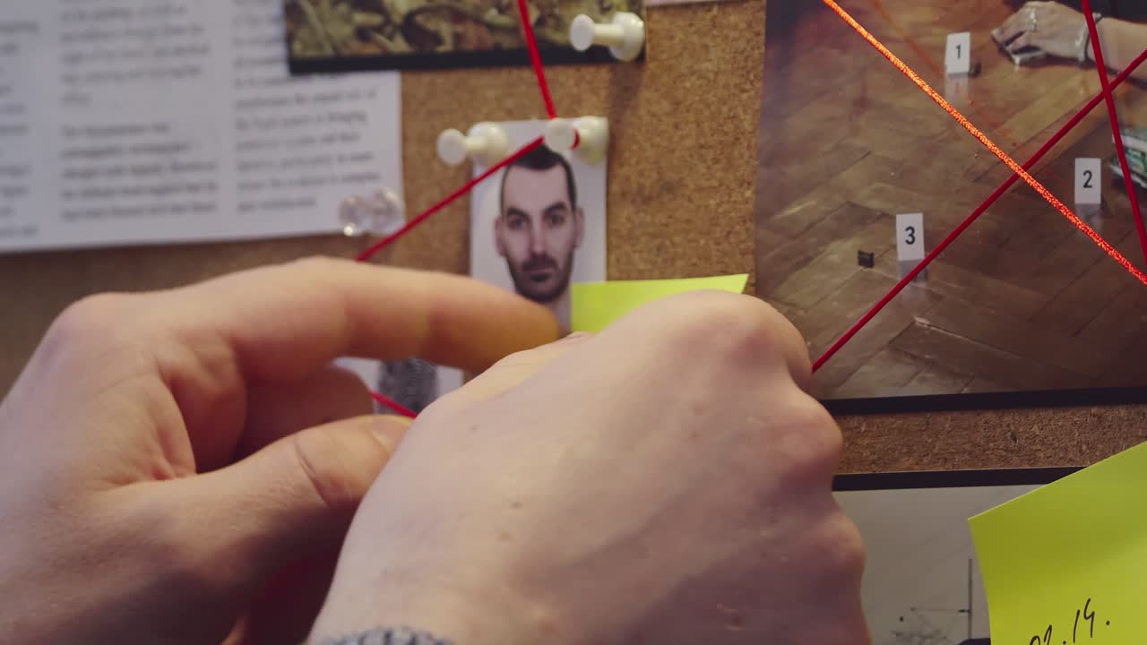 Detective placing a note next to the suspect's photo on the evidence board