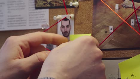 Detective placing a note next to the suspect&#039;s photo on the evidence board