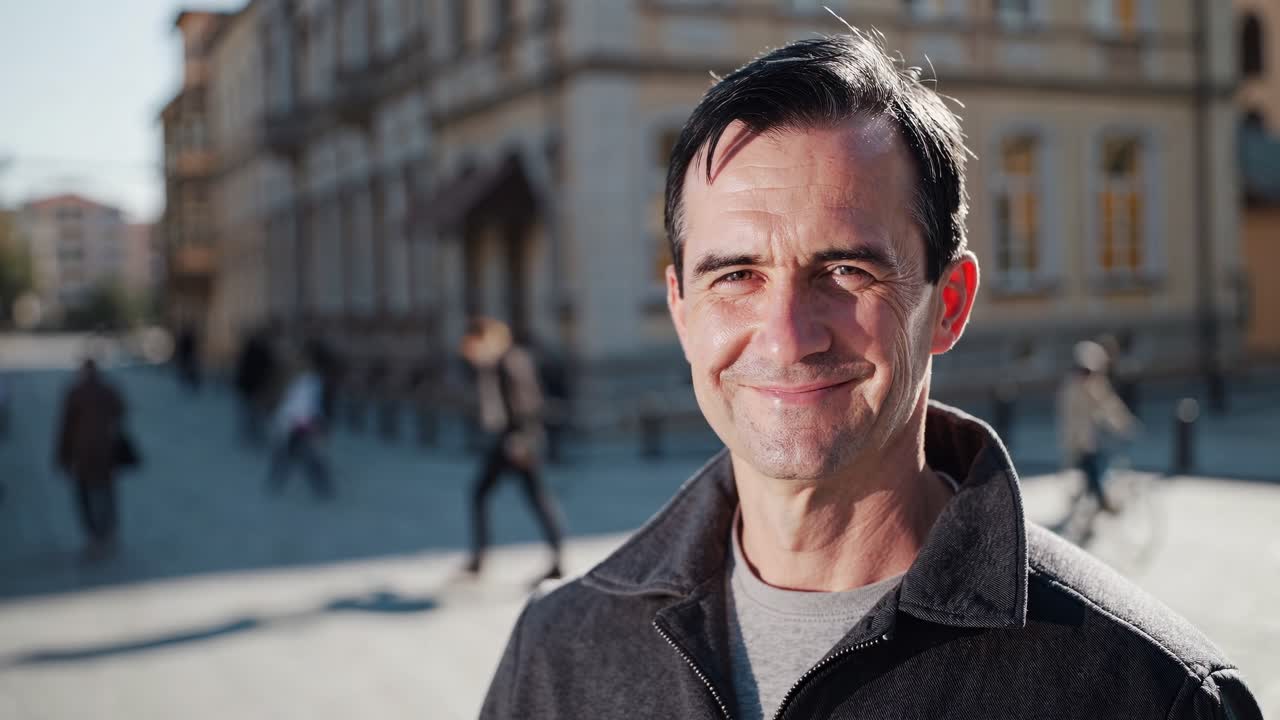 Confident adult male standing in urban setting, radiating warmth and approachability with genuine smile and relaxed demeanor