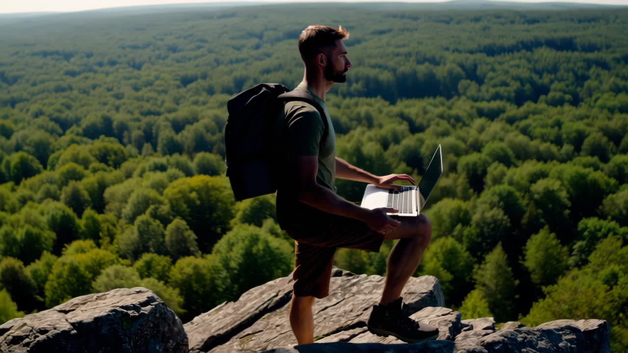 Man working on a laptop on a mountain overlooking a forest