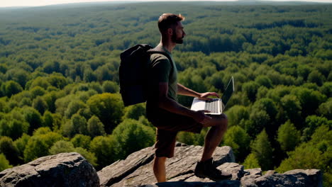 man working on a laptop on a mountain overlooking a forest