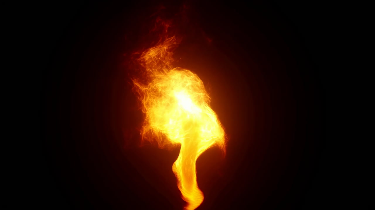 Bright Blazing Flame On Black Background, Intense Orangeyellow Plume With Dynamic Upward Motion, Realistic