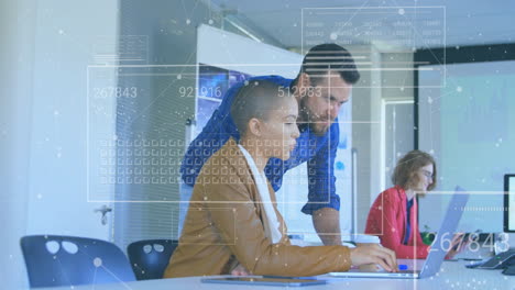 processing business data animation, diverse colleagues working on laptops in office