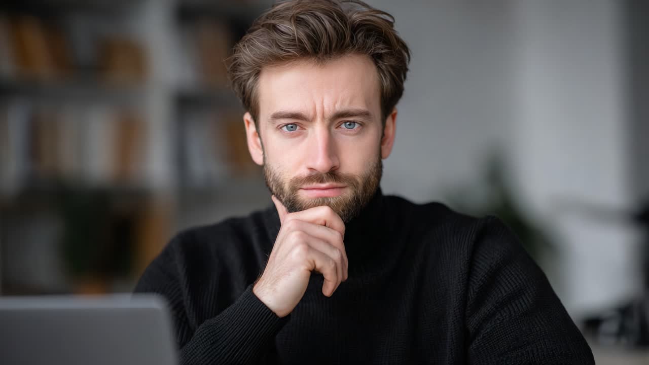 A Thoughtful Man in a Black Sweater Contemplates at His Desk, Engaged in Deep Reflection and Focus in a Bright, Modern Workspace