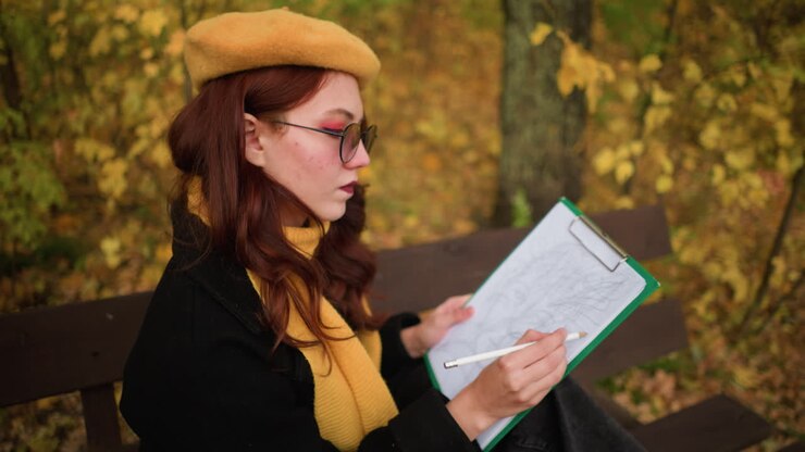 Rear view of young lady in sunglasses, yellow beret, and yellow muffler deeply focused on her drawing, seated on a bench amidst vibrant autumn foliage
