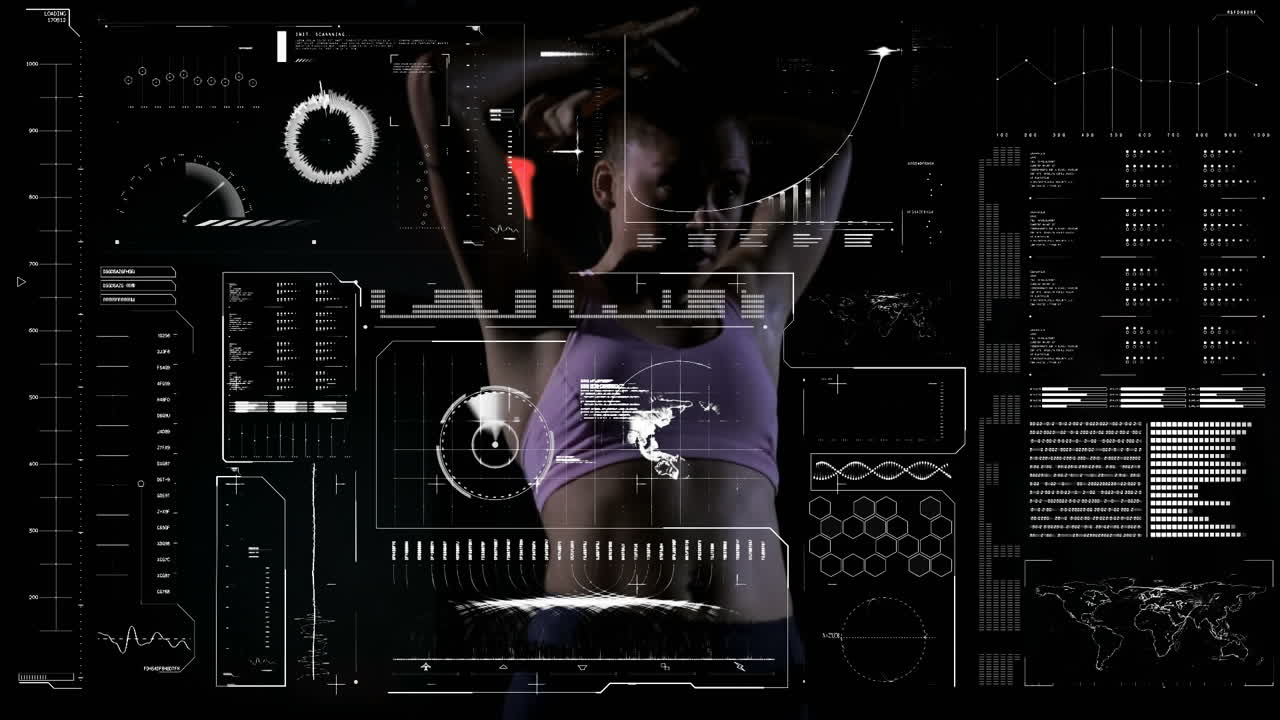 Digital interface against woman in sports wear tying her hair