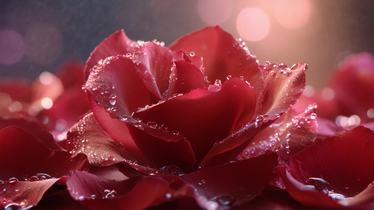 Splendido primo piano di petali freschi di rosa rossa che brillano con goccioline d'acqua su uno sfondo bokeh morbido, irradiando bellezza ed eleganza in ogni dettaglio.