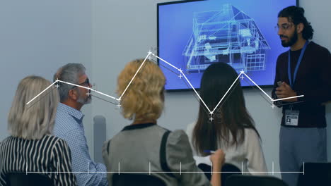 animación de procesamiento de datos y diagramas sobre diversos colegas hablando en la oficina