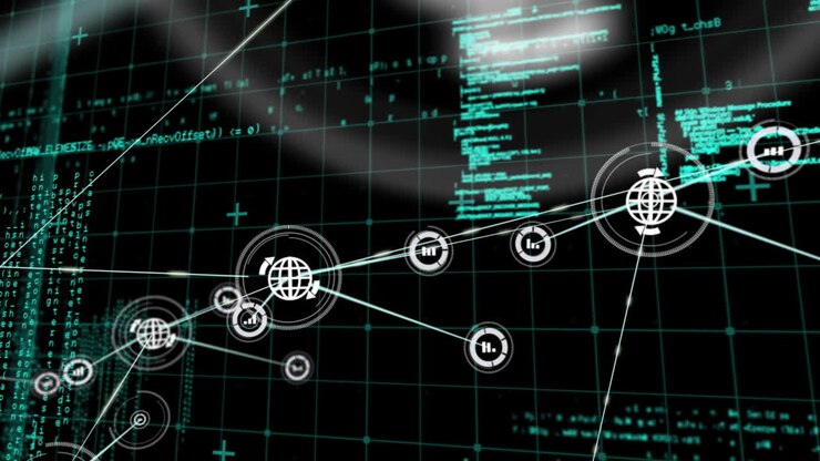Connectors moving and digital data on black background