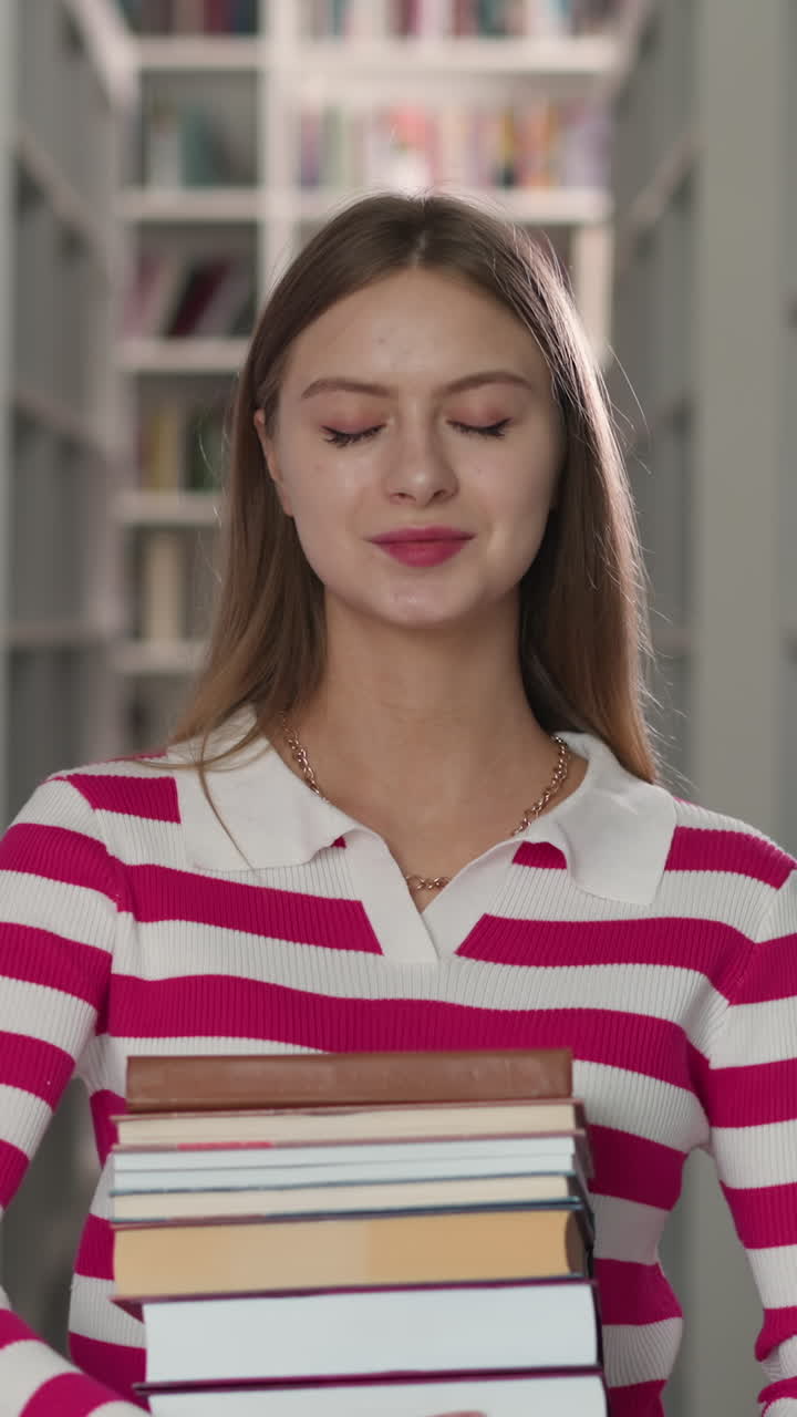 Happy female student holds books in aisle between bookcases. Blonde woman carries literature for reading in modern bookstore. Lady with folio collection