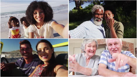 composition of four screens with happy people talking and smiling on video calls