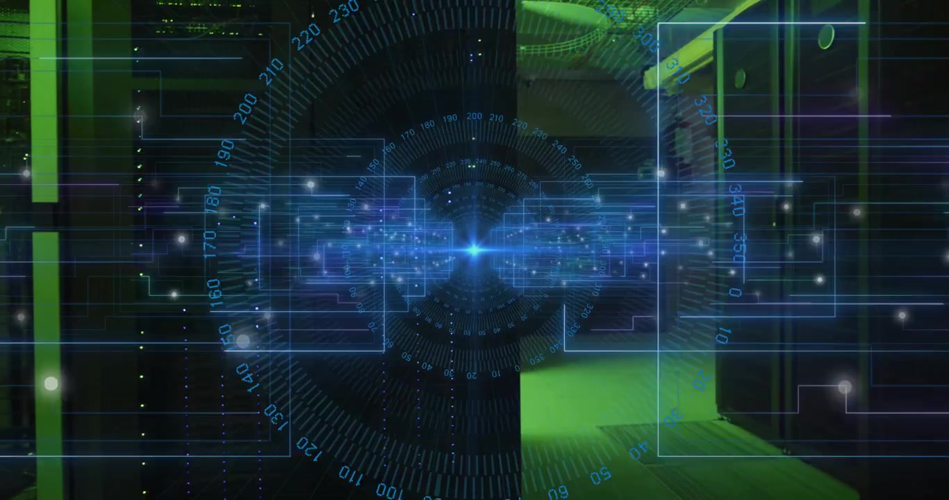 Interface appearing in data center, blue gauge rotating with grid pulsing and visualizing data flow
