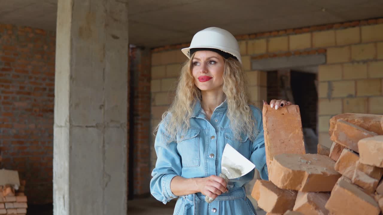 Beautiful woman bricklayer with makeup and manicure holding a brick and a spatula on the construction site. Female foreman in helmet and denim work uniform
