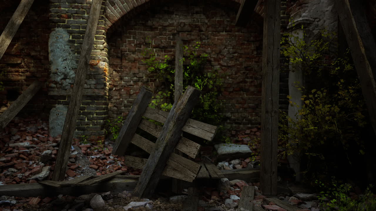 Abandoned building interior with overgrown plants and weathered debris