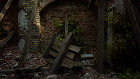 abandoned building interior with overgrown plants and weathered debris