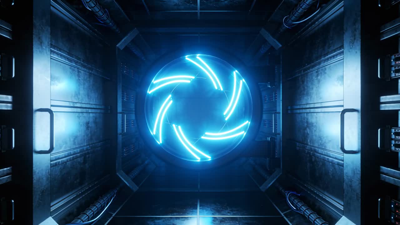 Powering up blue neon six-blade device rotating and pulsing inside metal chamber, charging racks