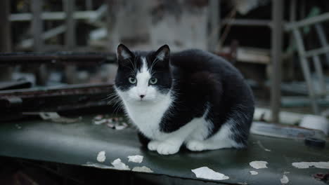 gato blanco y negro descansando en la parte superior del coche viejo con la casa abandonada detrás