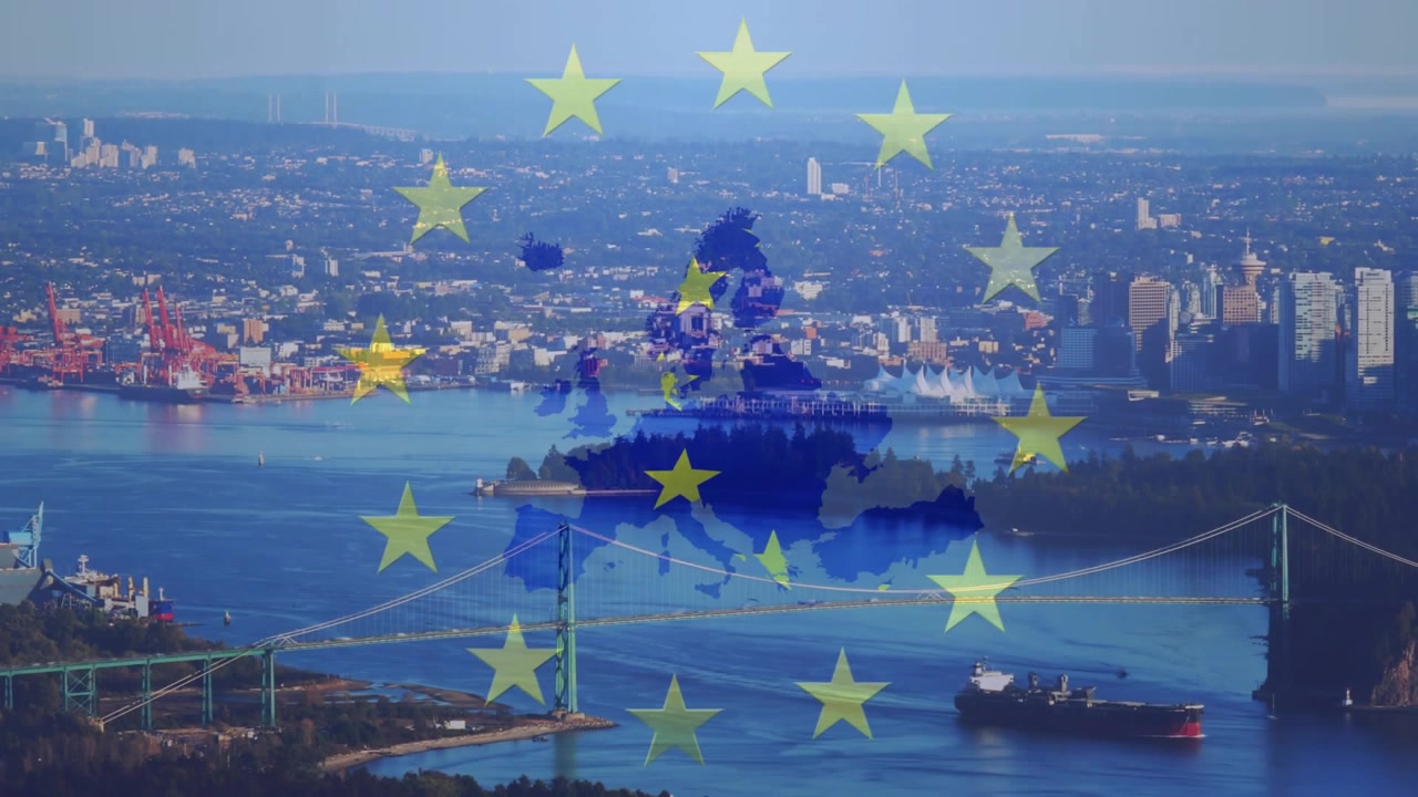 Ao ser revelado, um continente azul aparece acima de uma ponte, estrelas formam um anel e um navio se move, simbolizando união.