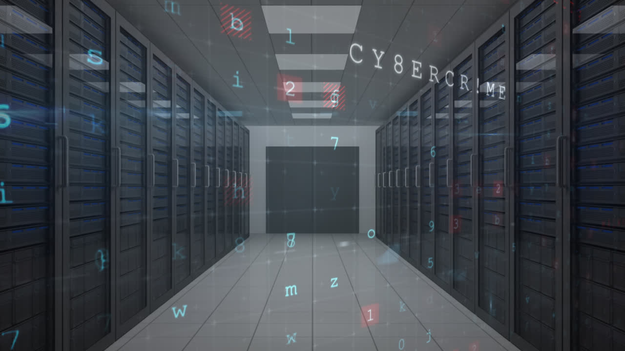 Animation af advarsel om cyberangreb over serverrum