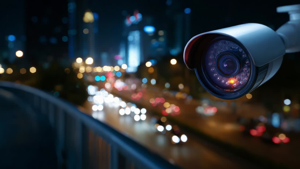Sorveglianza urbana: vista notturna di una telecamera a circuito chiuso che monitora il traffico e la vita cittadina, catturando il movimento dinamico di veicoli e pedoni sotto le luci della città
