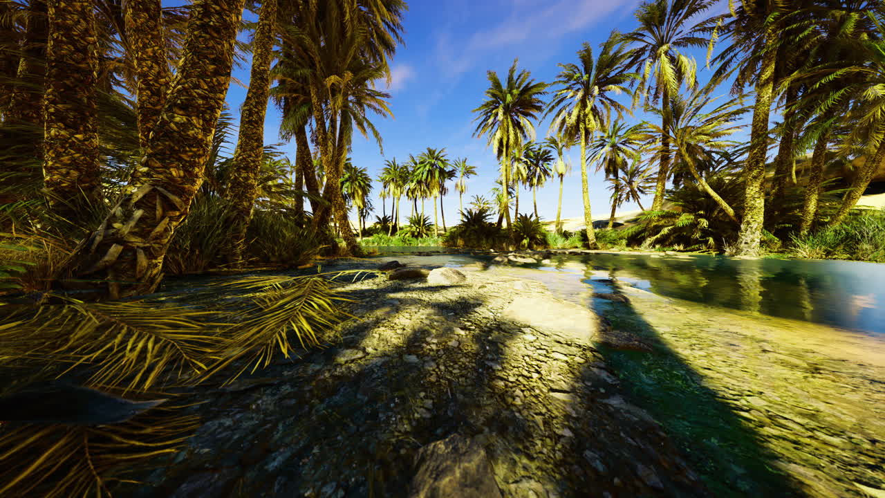 Lush oasis with palm trees and clear water under bright blue sky
