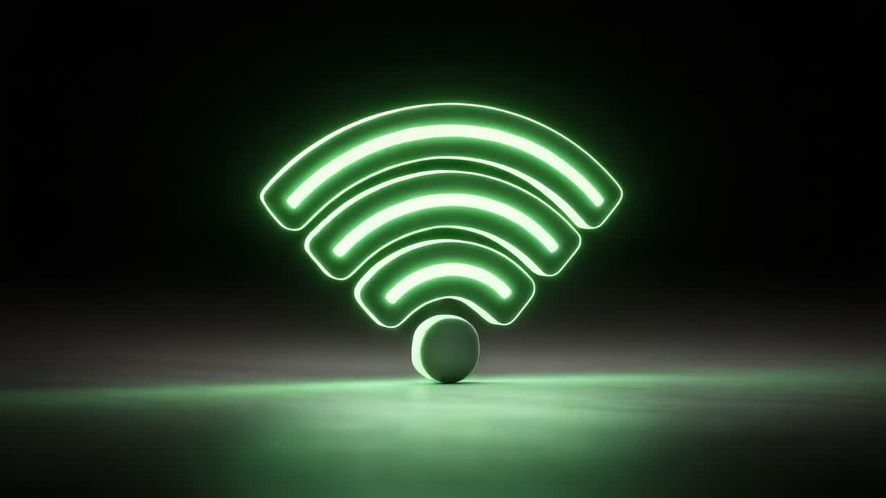 Stylized Green Wi-Fi Symbol Emitting Signals with a Glossy Finish Represents Modern Connectivity and Digital Communication in a Dark Background