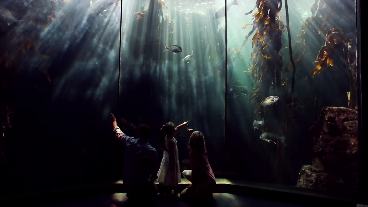Famiglia felice che guarda i pesci nell'acquario