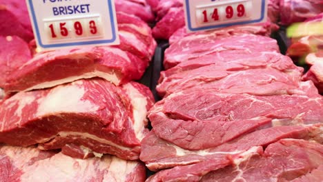 various cuts of beef and pork on display