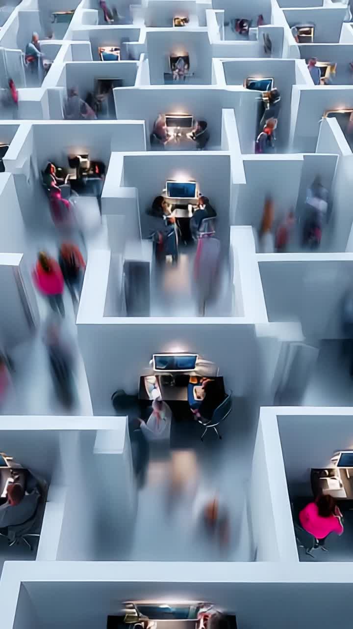 Aerial View of a Modern Office Layout Featuring Individual Workstations Surrounded by Partitions, Highlighting a Collaborative Yet Isolated Work Environment