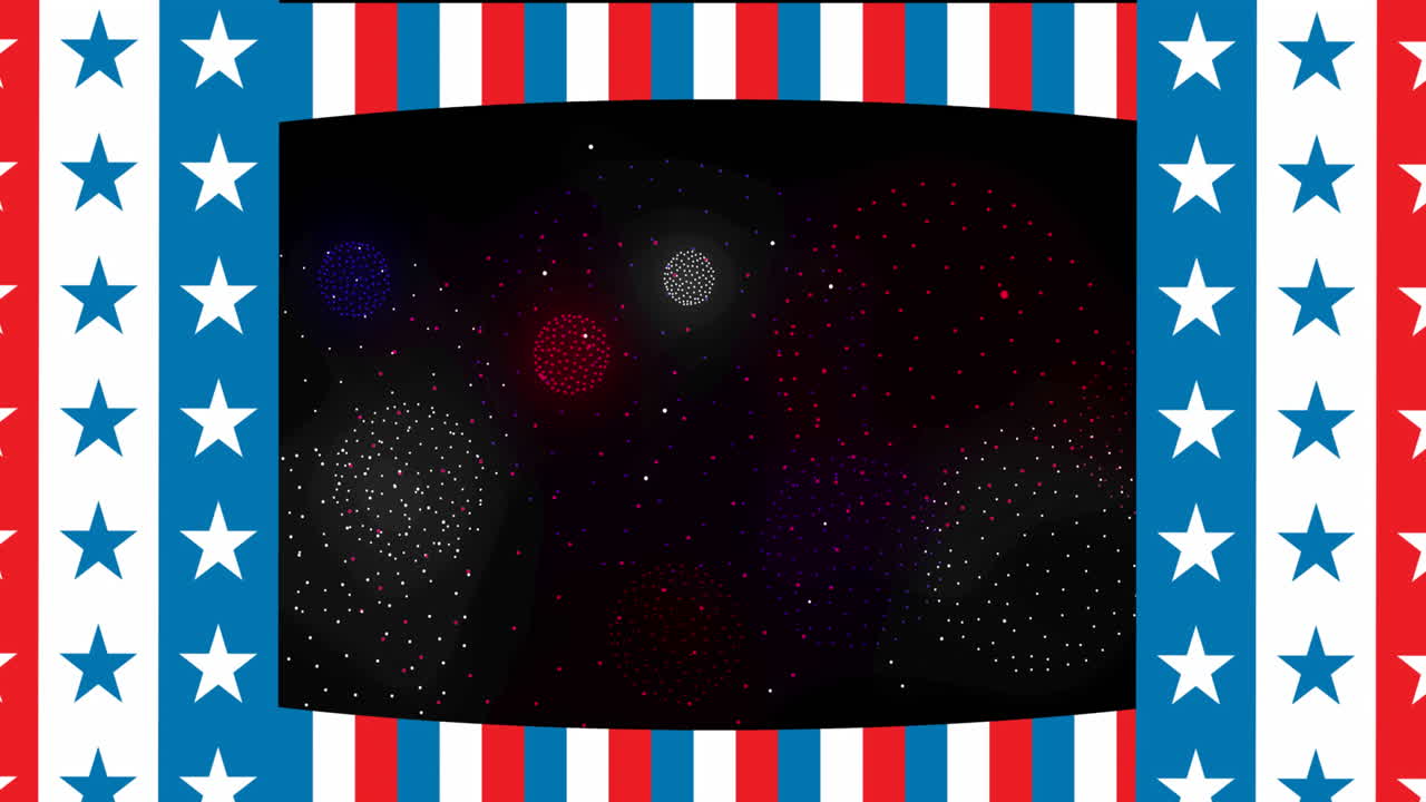 모양 위의 별과 줄무의 애니메이션과 검은색 배경의 불꽃놀이