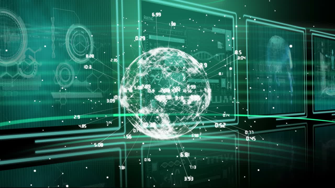 Animation of globe with numbers over digital screens