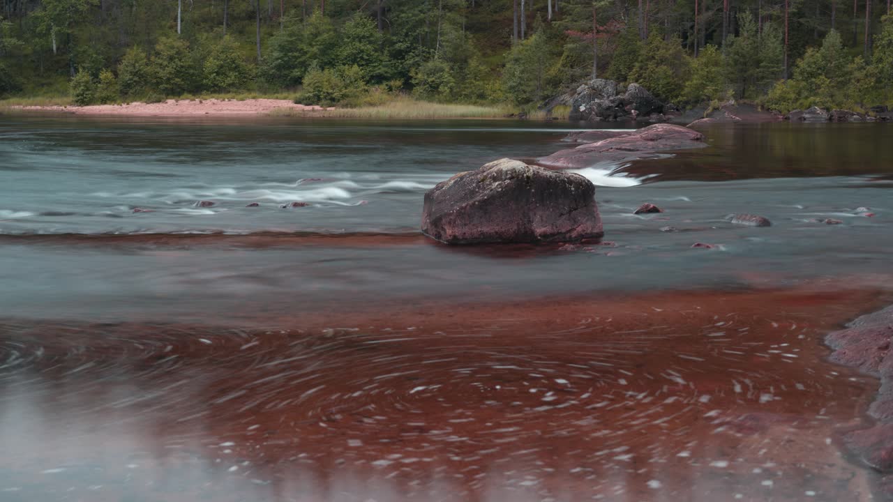 un lapso de tiempo de la corriente rápida en el río de montaña poco profundo formando remolinos y remolinos