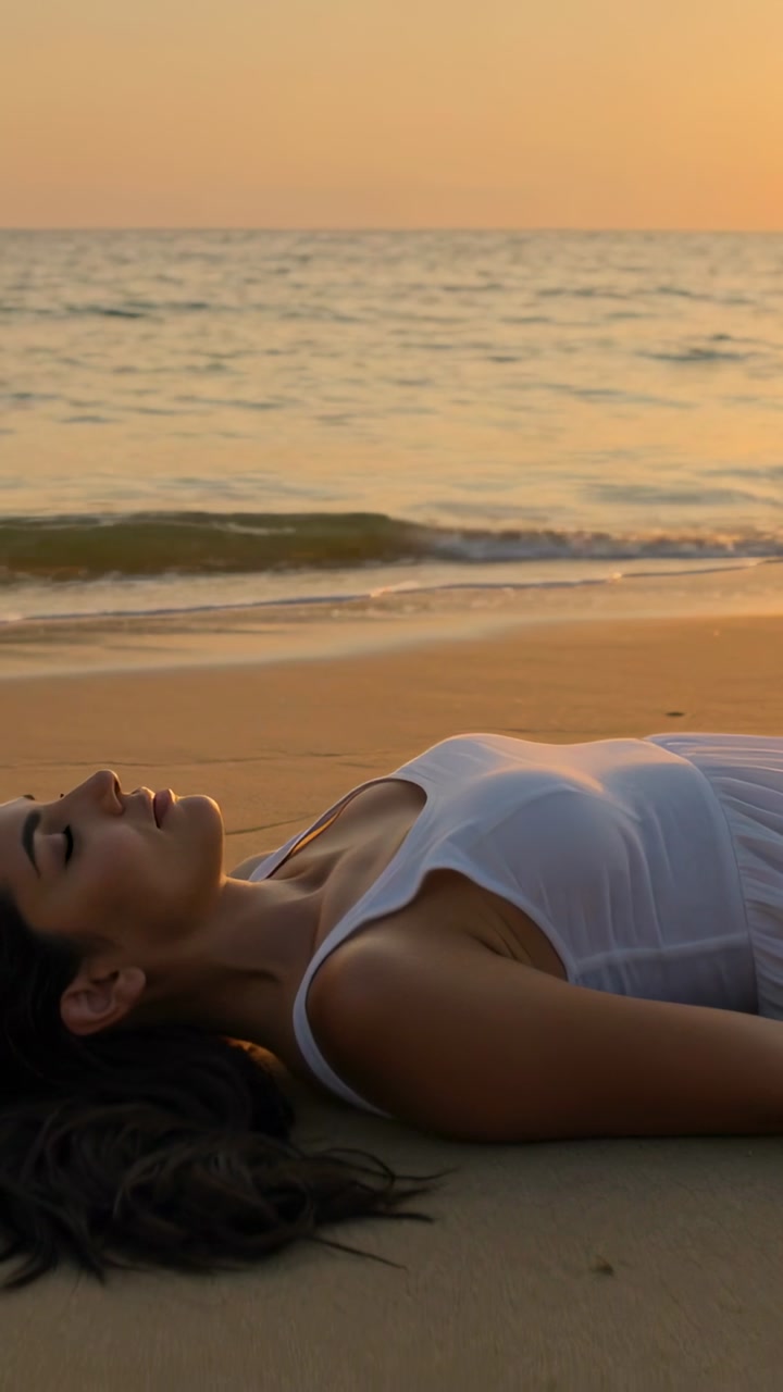 Vertical video: Panning shot showing woman in white top lying on sand at sunset, waves, footprints