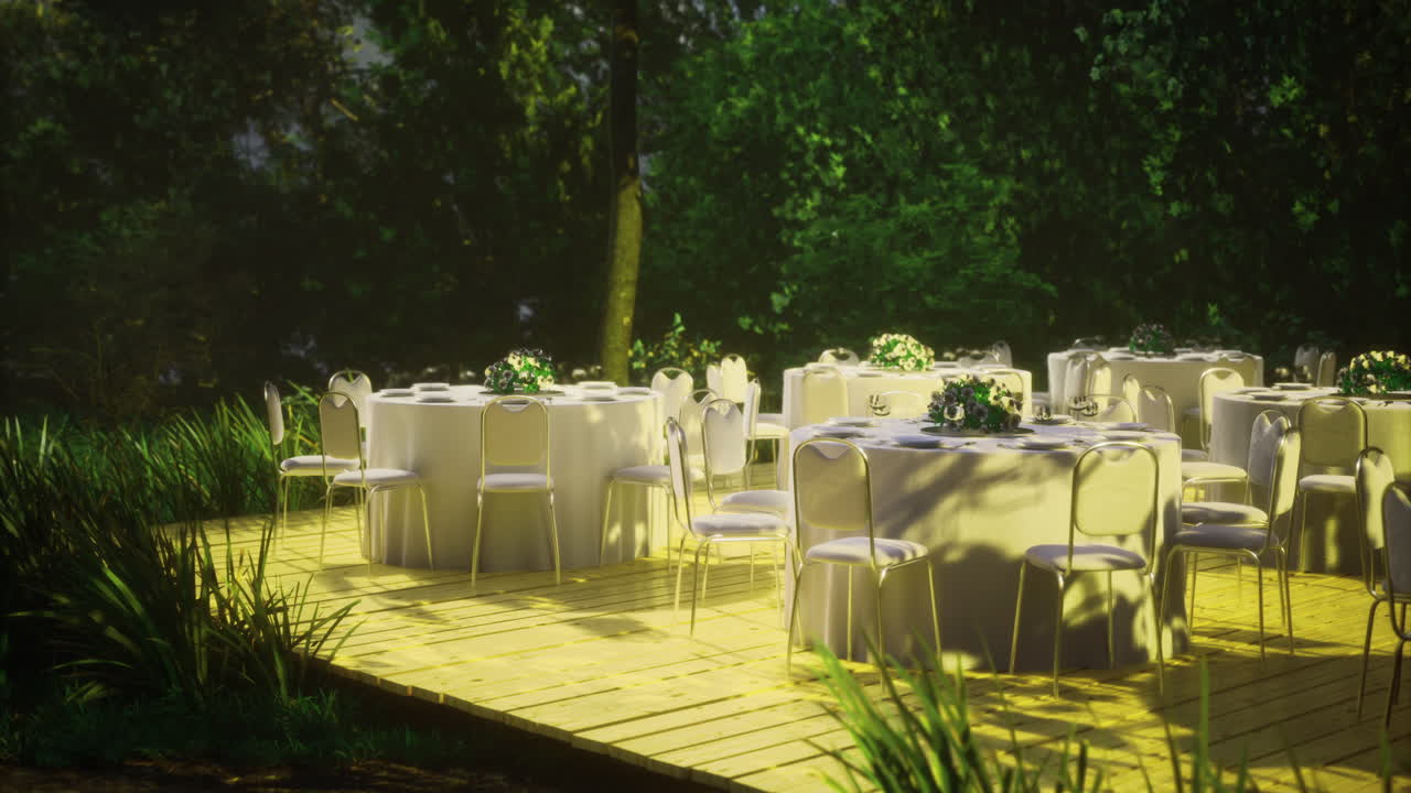 Elegant outdoor dining setup amidst lush greenery creates a serene atmosphere