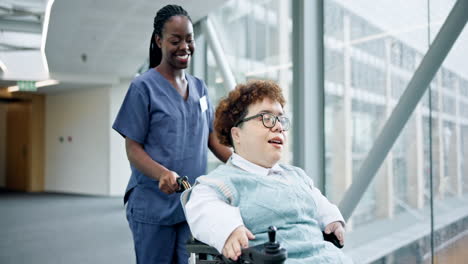 African-nurse,-woman-and-wheelchair-in-corridor