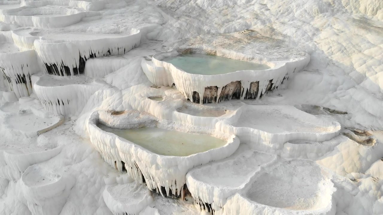 Aerial View of White Travertine Terraces and Thermal Pools in Pamukkale