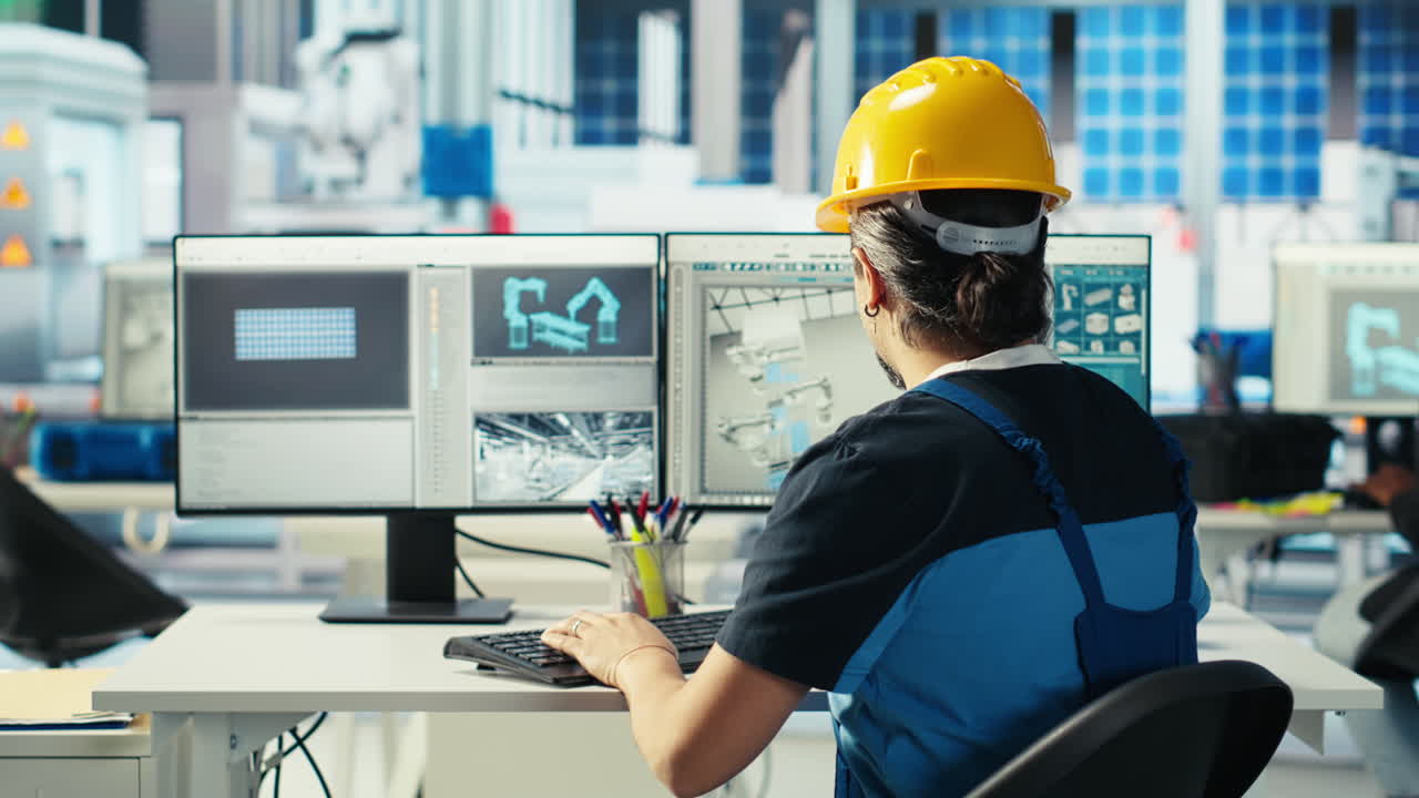 Photovoltaics factory engineer using PC to test robot arms solar panels