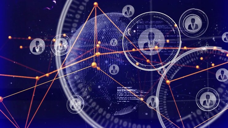Rotating 3D globe initiating orange nodes forming network as scanning rings revealing user profiles